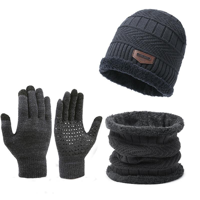 Suit Hat Men's Winter Scarf Gloves Three-piece Scarf Integrated Fleece Warm Winter Knitted Hat
