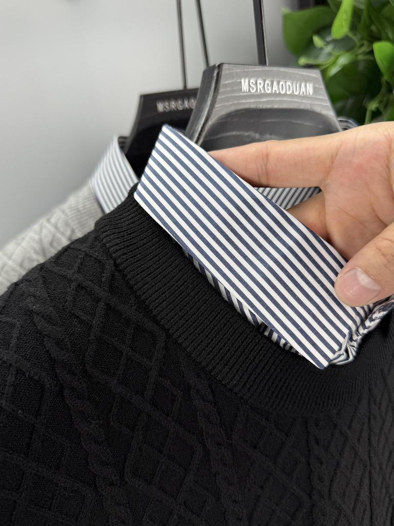 2025 Men's Trendy Fake Two-Piece Sweater: Warm Knit Shirt Collar Pullover for Autumn/Winter