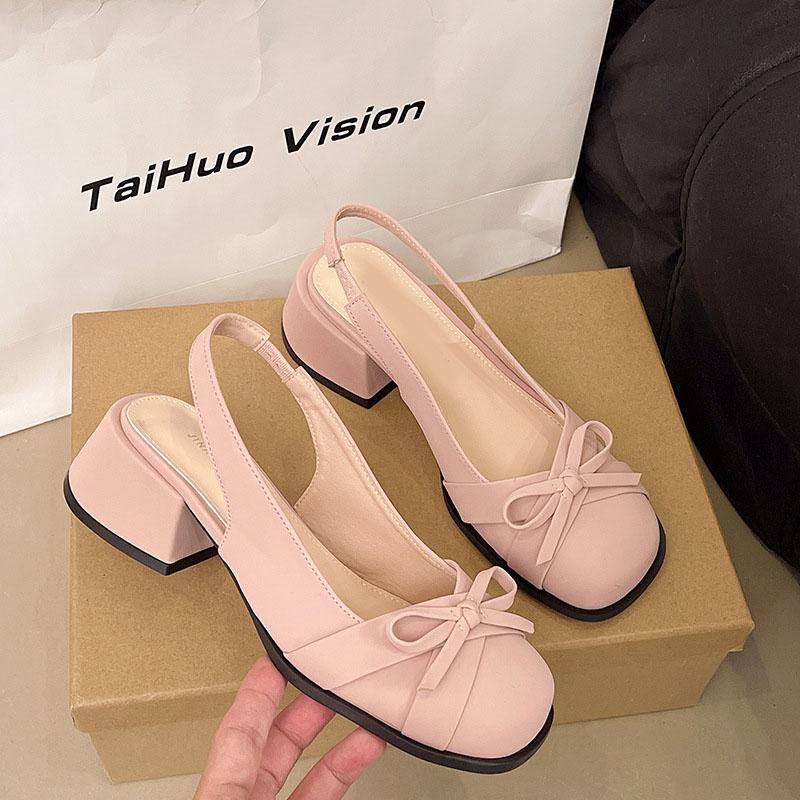 Fashion Baotou Sandals Women's Summer Mid Heel 2025 Spring Summer New Bow Back Strap Sandales Femme Sweet Square Head Women Single Shoes