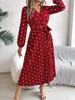 Robe imprimée à col en V et à superpositions, moulante, élégante, plissée, à pois ondulés, manches longues, ample, décontractée