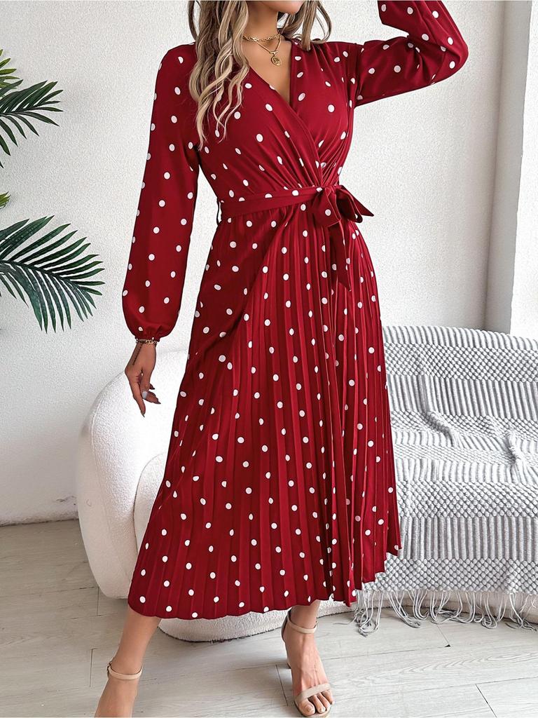 Robe imprimée à col en V et à superpositions, moulante, élégante, plissée, à pois ondulés, manches longues, ample, décontractée