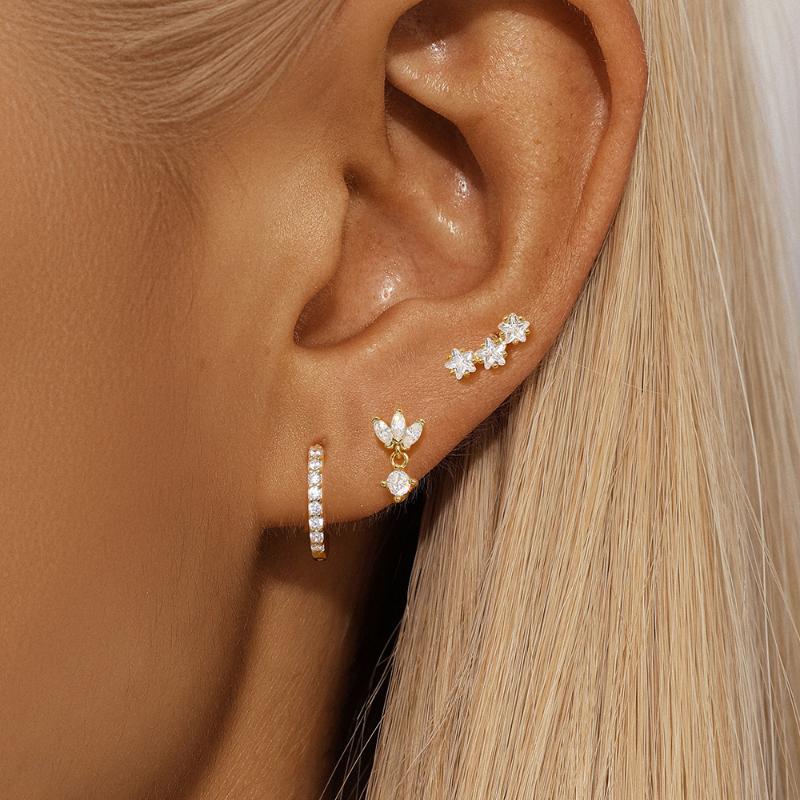3PCS Fashion Cute Zircon Flower Ear Stud For Women Fashion 18K Gold Plated Star Ear Stud Earring Piercing Girl Set Jewelry Gift