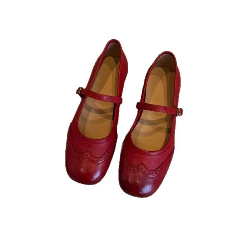 Fashion Retro Round Head Red Single Shoes Shallow Mouth One-word Buckle with Engraved Small Leather Shoes Flat Mary Jane Shoes