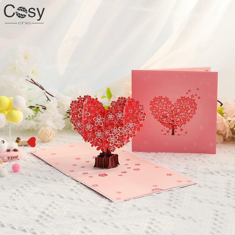 Romantic Cherry Blossom 3D Pop-Up Greeting Card Paper Art, Love Heart Giving Tree for Mother's Day, Wedding, Valentine's Gift