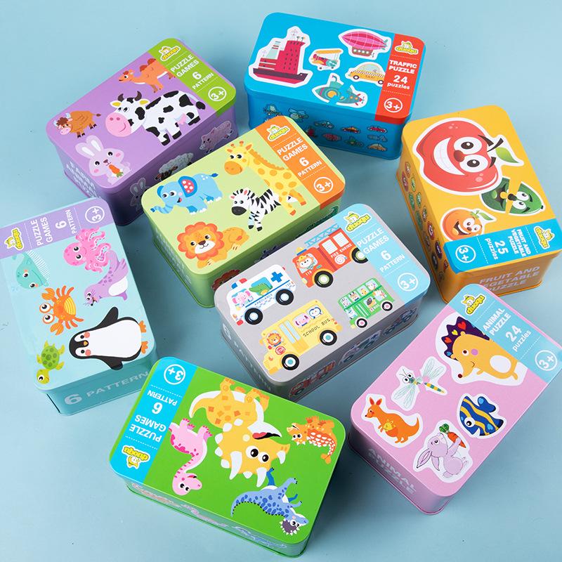 Children's Educational Wooden Cognitive Puzzle Toy - Six-in-One Tin Box