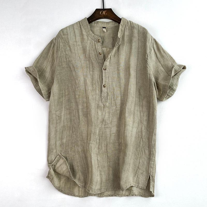 High End Pure Linen Men's Summer Thin Short Sleeved T-shirt, Men's Chinese Style Standing Neck Half Sleeved Loose Casual Top