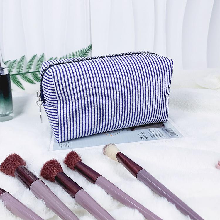 Seersucker Makeup & Toiletry Bag: Large Capacity, Embroidered, Striped Travel Clutch