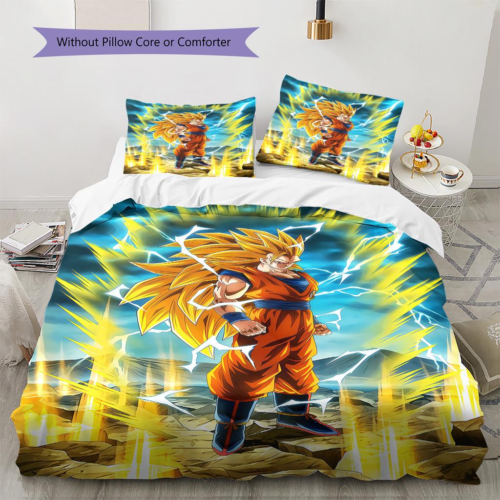 Son Goku Pattern Bedding,Quilt Set Quilt Cover Pillowcase Home Birthday Gift (1 * Duvet Cover + 2 * Pillowcase, Without Core)