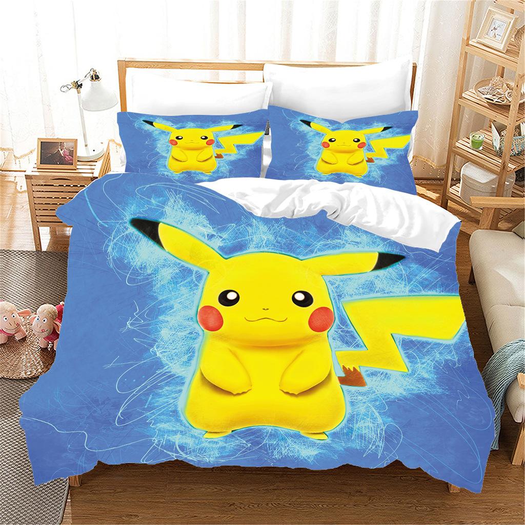 Anime P-Pokémon Printed Bedding Set New Ash Ketchum Pikachu Duvet Cover Comforter Pillowcase Boys Girls Children Adults King Gif