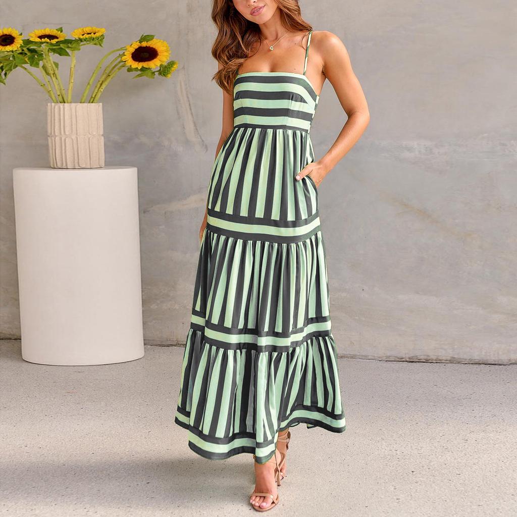GMXIA Women's Striped Positioning Print Halter Halter Pocket Dress for Women