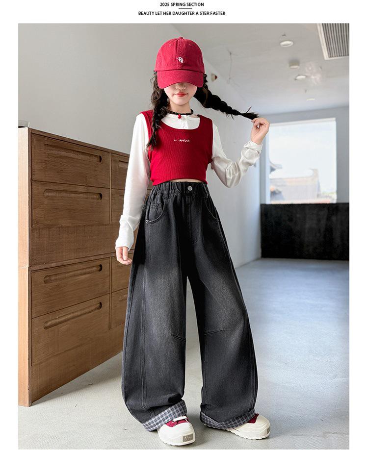 Flickors rutiga jeans med vida ben - Höst 2025-kollektionen för barn