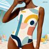 Women Plus Size High Round Neck Sleeveless One Piece Geometric Printed Swimsuit