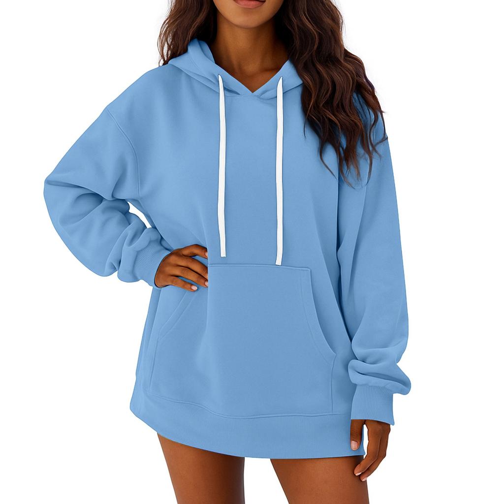 Women's Solid Color Long Sleeved Loose Casual Mid Length Pullover Hoodie Sweatshirt