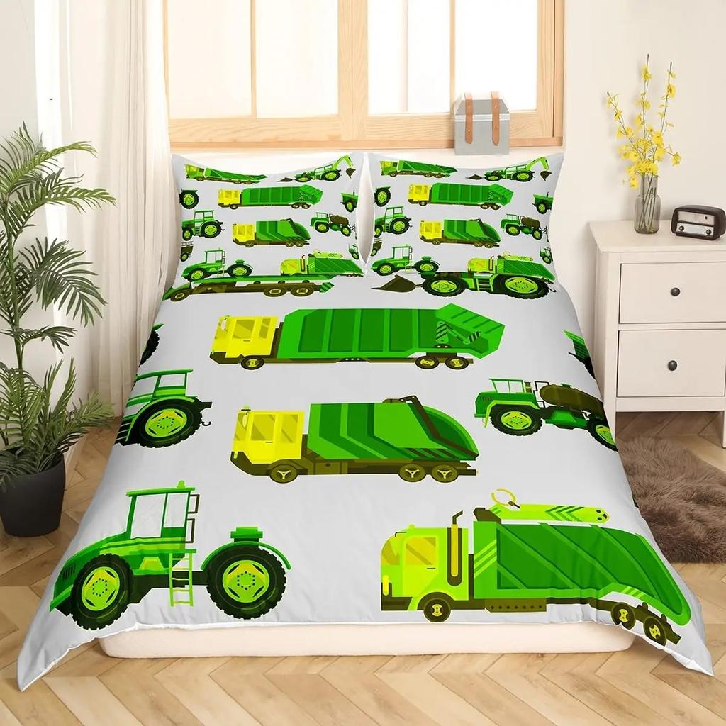 Cartoon Garbage Truck Duvet Cover Green Trash Truck Bedding Set Green Vehicle Car Comforter Cover Garbage Truck Toy Quilt Cover