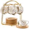 Ceramic Espresso Cups with Saucers and Metal Stand, Small 4 oz Porcelain Demitasse Cups Set of 6, Cute Cappuccino Coffee