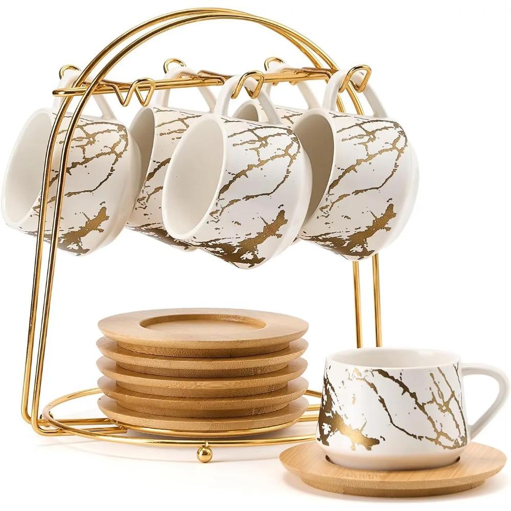 Ceramic Espresso Cups with Saucers and Metal Stand, Small 4 oz Porcelain Demitasse Cups Set of 6, Cute Cappuccino Coffee