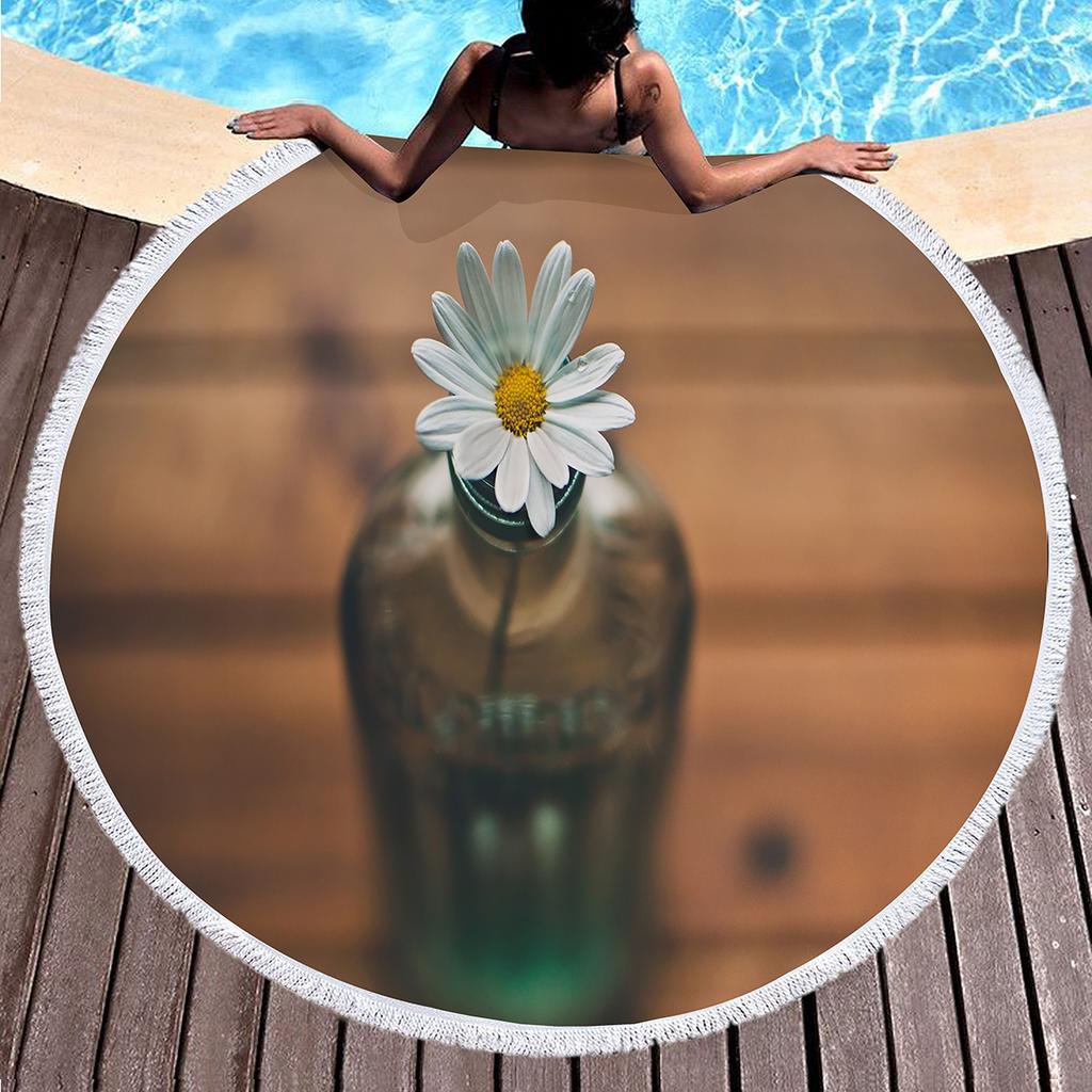Floral Daisy Round Beach Towel,Microfiber Beach Blanket Sand Free Quick Dry Swim Pool Bath Circle Towel with Tassel for Teen Men
