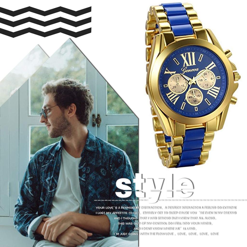 JewelryWe Fashion Watch Analog Display Quartz Roman Numeral Dial Silicone Band Waterproof for Daily Life Men's (Blue.Gold)