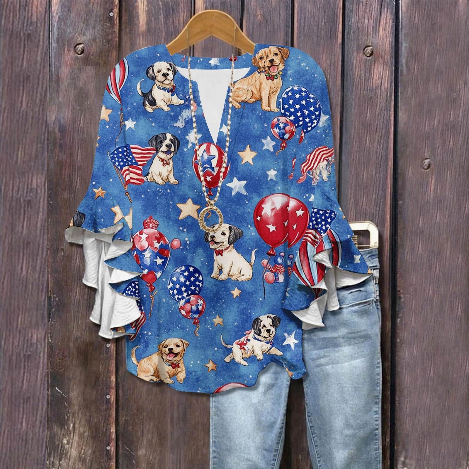 

3/4 Sleeve Shirts For Women Cute Print Graphic Tees Blouses Casual Plus Size Basic Ruffled Sleeve Tops Pullover XL