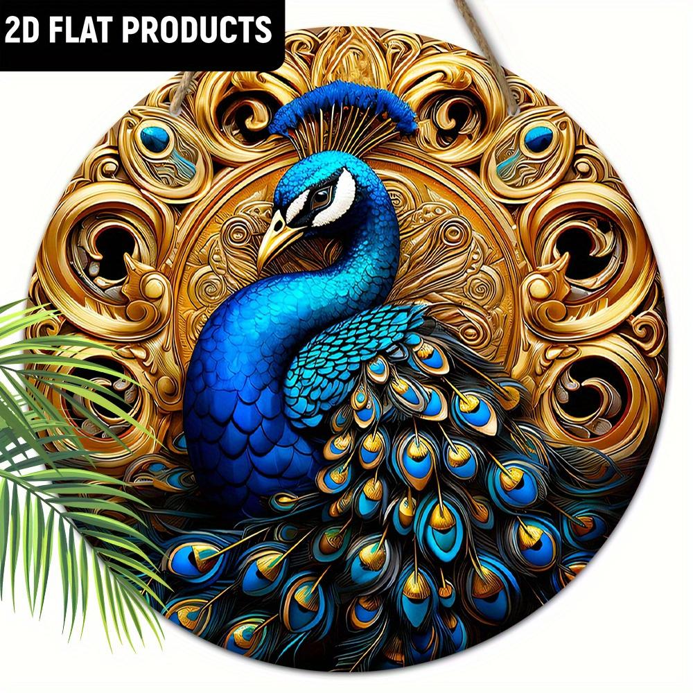 Wooden Diwali Decor Wooden Ornament - Blue Peacock Pattern Gold Background -2D Flat Products-for Door,  Farmhouse, Street, Shop, Garage, Bar,