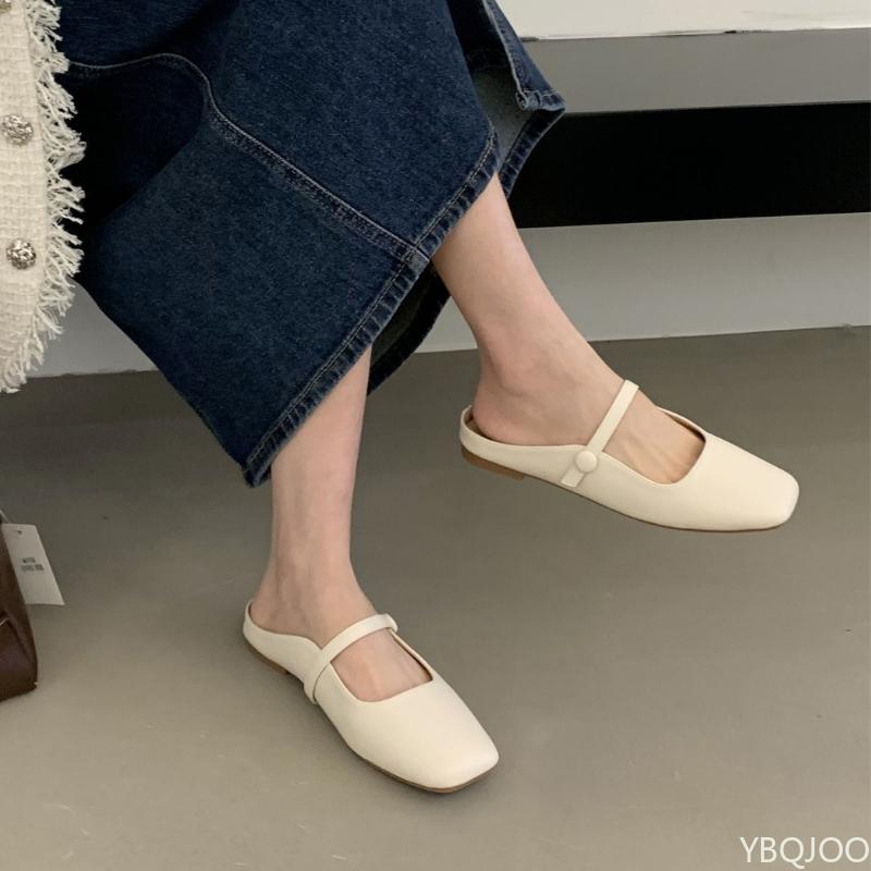French retro half Slippers Ladies fashion belt buckle Shoes Summer fairy style shoes Comfort square head Women's slippers Mujer