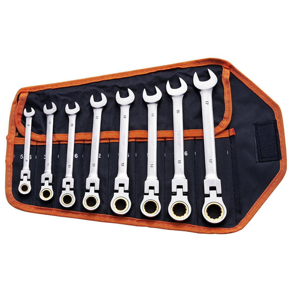 Flex-Head Ratcheting Wrench Set 8 PC Metric 8 mm-17 mm with Roll-up Pouch