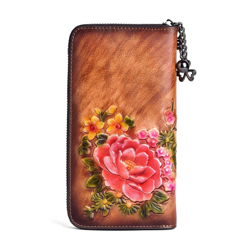 Vintage Ladies Wallet Genuine Leather Clutch Bag Retro 3D Embossed Floral Purse Woman   Handmade Real Cow Leather Wallet