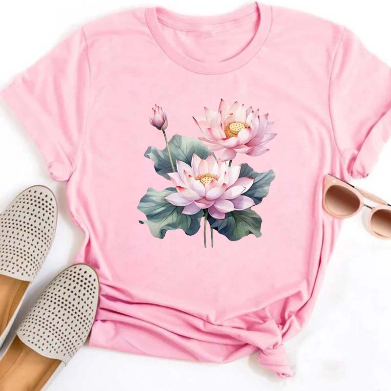 Trendy Lotus Flower Print Women T-shirt Streetwear Short Sleeves Tee Tops Summer Cute Woman Clothes Tops