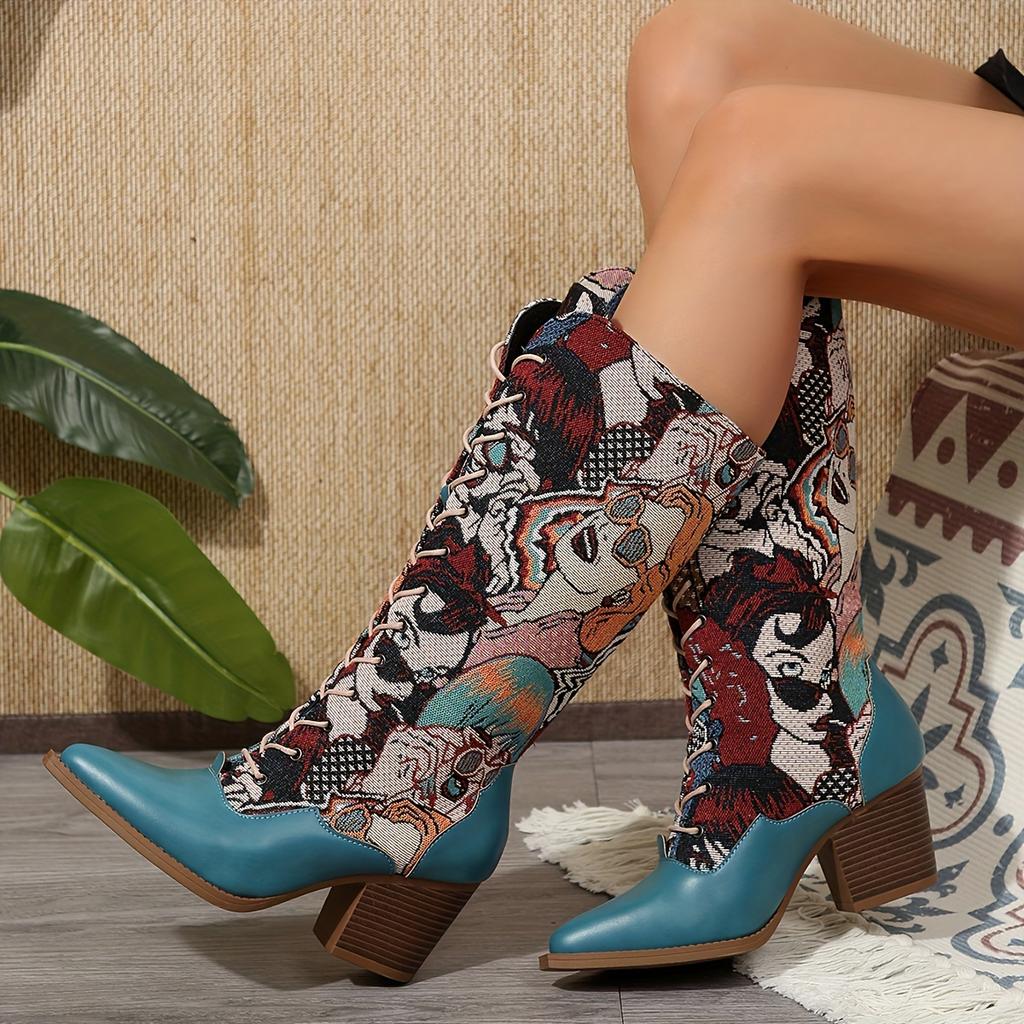 Chic Women's Embroidered Mid-Calf Boots with Chunky Heel - Pointed Toe, Lace-Up Western Fashion Booties