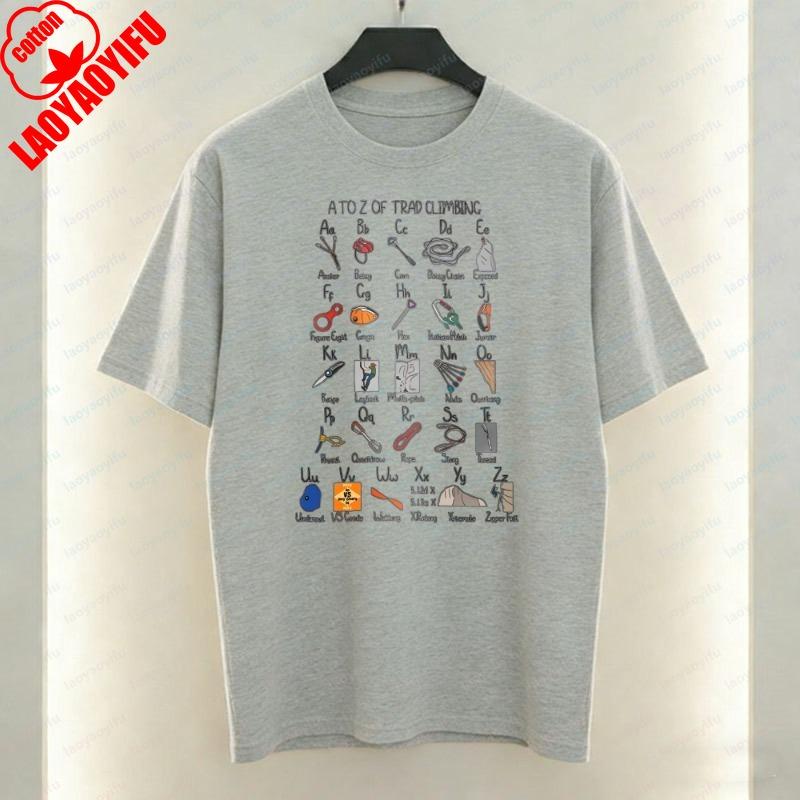 Climbing Gear Alphabet Mens TShirt A To Z of Trad Climbing Equipment Tee Outdoor Adventure Summer Retro Sports Breathable Tops S
