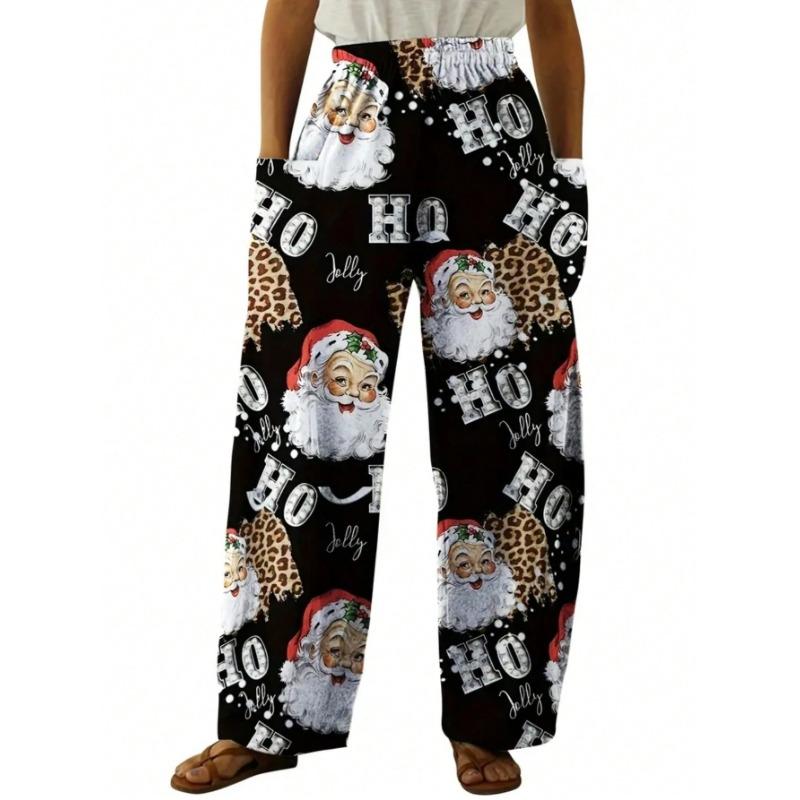 Plus Size Fashion Women 1XL-5XL Casual Loose Christmas Printing Long Wide Leg Yoga Pants Pocket Lounge Pants Pajama Pants