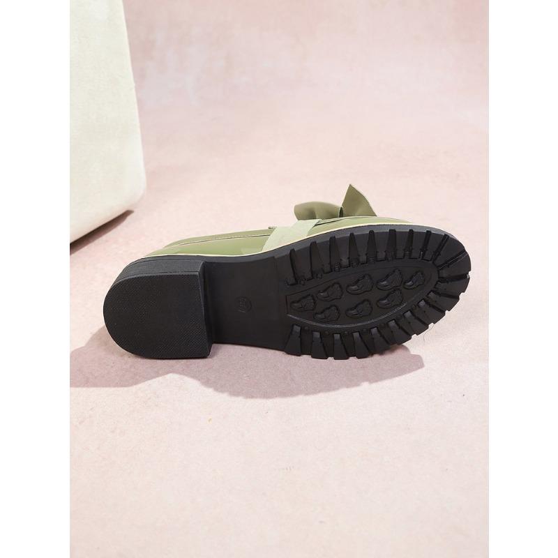 Damen Übergröße Britischer Stil Lackleder Loafers Neue Herbst Schleife Mittelhoch Blockabsatz Schuhe