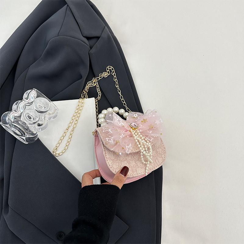 Trendy Saddle Shaped Handbag For Kids With Pearl Accents Ideal Birthday Gift