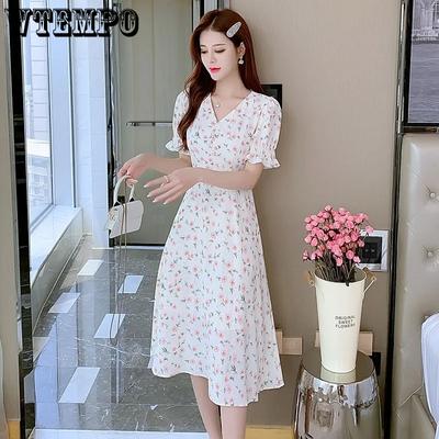 Short Sleeved Floral Chiffon Dress for Women Summer Waistband V-neck Ladies' Style Mid Length A-line Dress