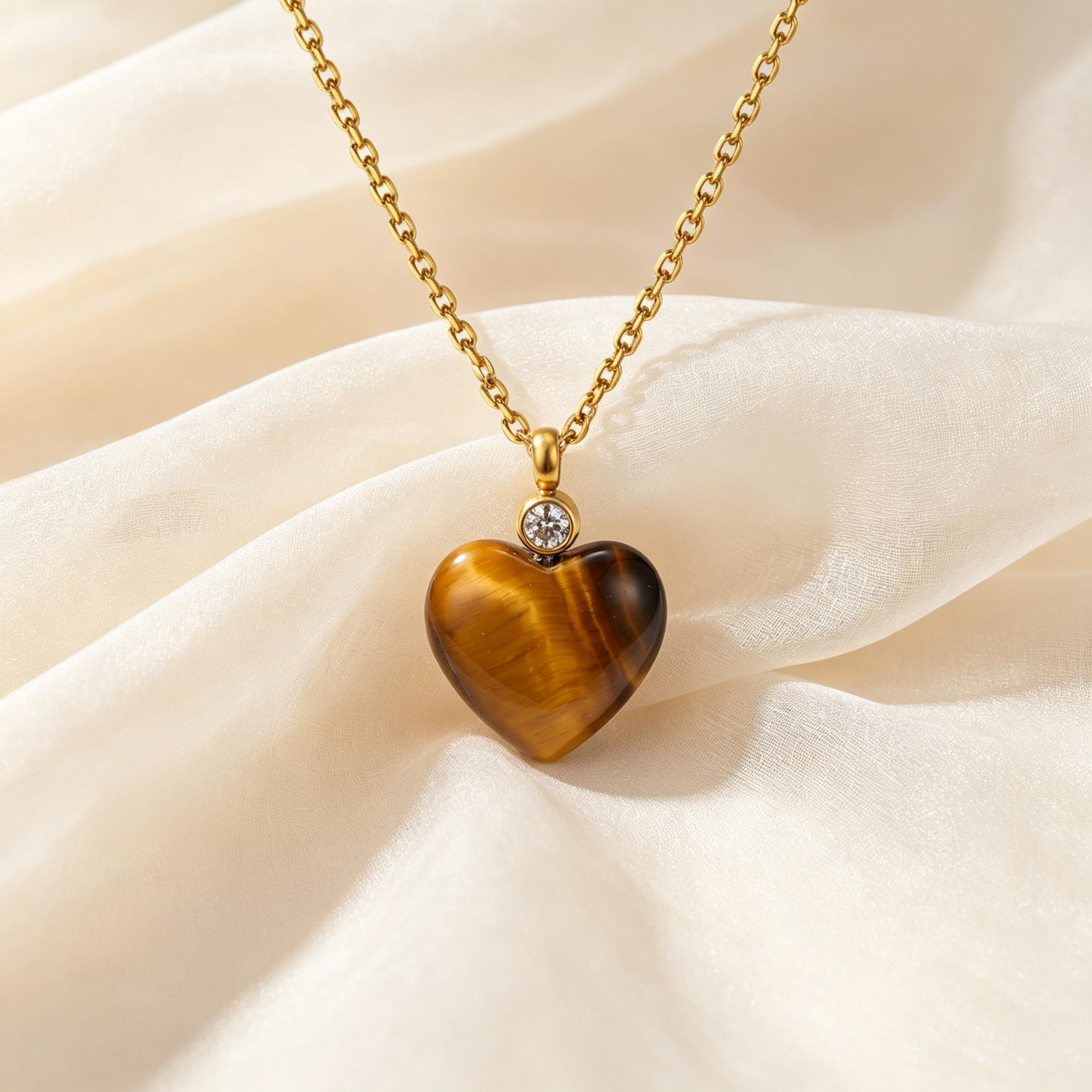 Women s Natural Stone Heart Pendant Necklace, Gold Plated Stainless Steel Charms Necklace, Tiger Eye Stone Aesthetic Jewelry
