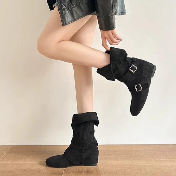 Cowhide version retro belt buckle medium boots women's new thin and versatile western boots inner height increase Martin boots