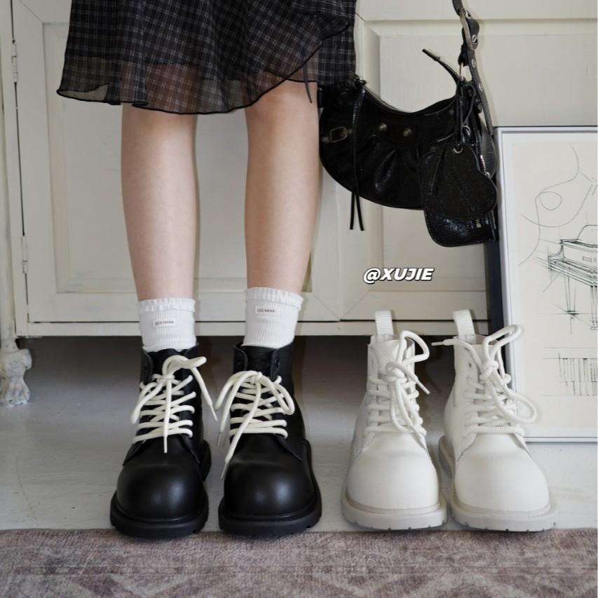 2025 new leather platform Martin boots women's versatile casual short boots heightened lace-up single shoes trendy and comfortable