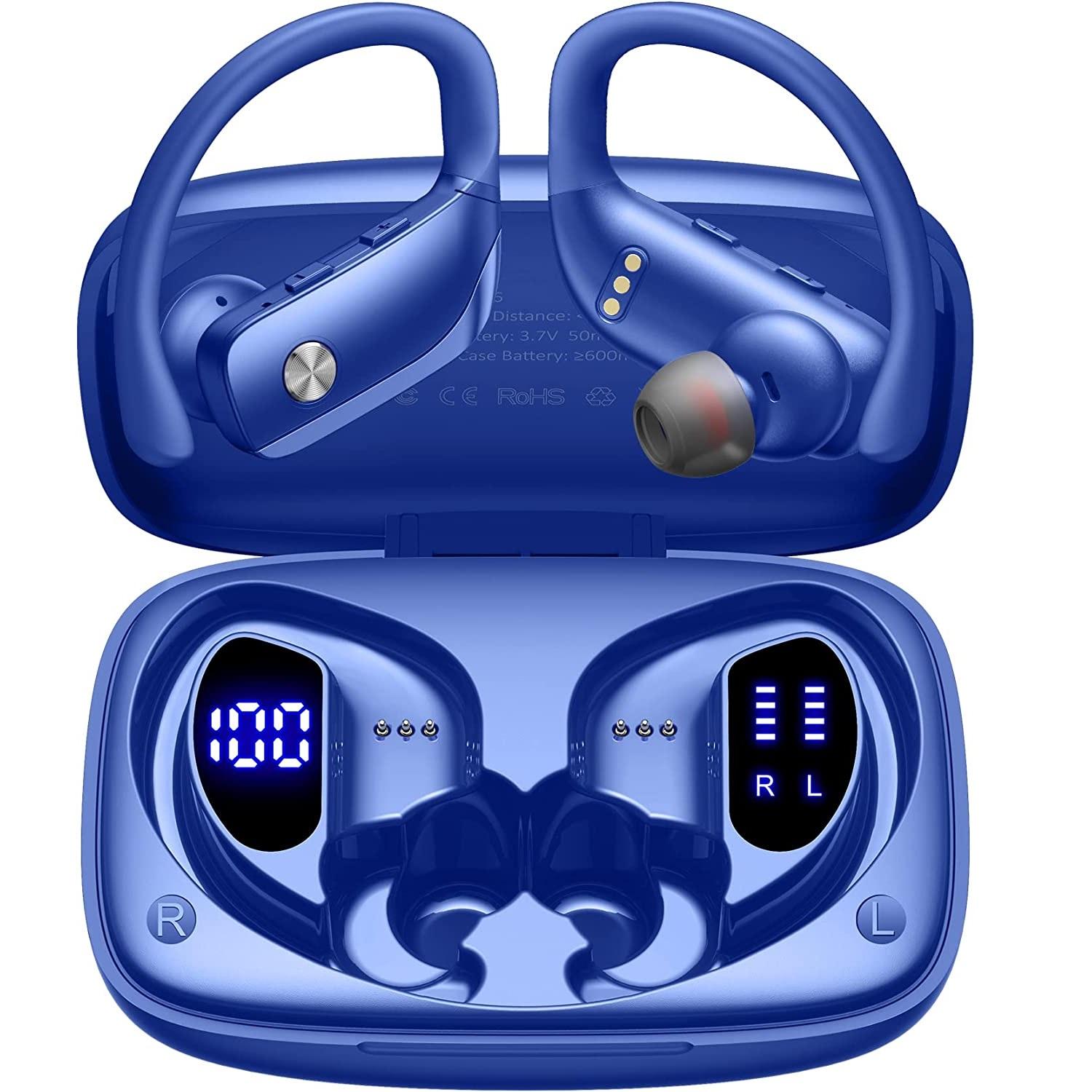 

TWS Bluetooth Headset Display Power Noise Reduction Hanging Ear Sports Wireless Bluetooth Headset Built-in Microphone Headset for Fitness синий