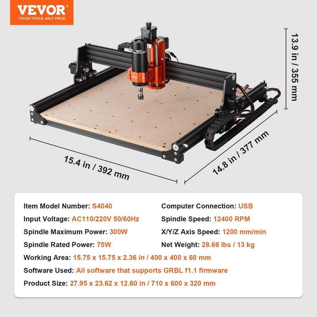 CNC Router Machine, 400x400x60mm Working Area, 300W Engraving Machine, 3 Axis GRBL Control Wood Engraving Carving Milling Machine Kit 1200RPM with