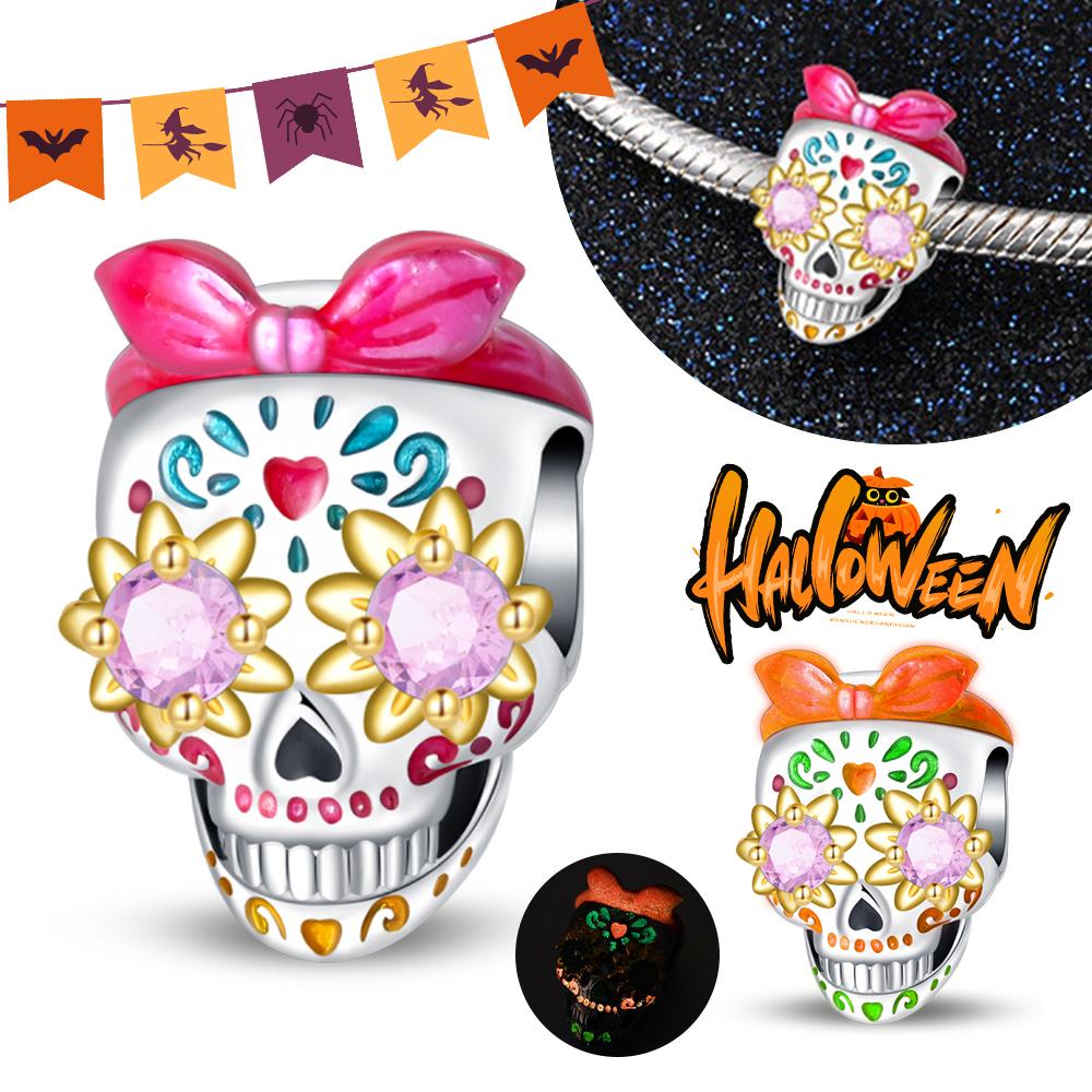

Halloween Charms Copper Gothic Cute Pink Luminous Bow Skull Bead Fit Charm Bracelet For Jewelry Making Women Gifts Bag Charm белый