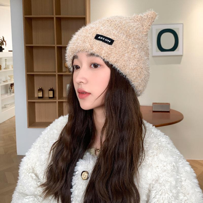 New Cute Bear Ears Wool Hat Women'S Winter Warm Knitted Hat Solid Color Versatile Cold Protection Ear Protection Pullover Hat