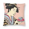 Geisha Tea Time Square Pillowcase Polyester Linen Velvet Creative Zip Decorative Pillow Case Car Cushion Cover