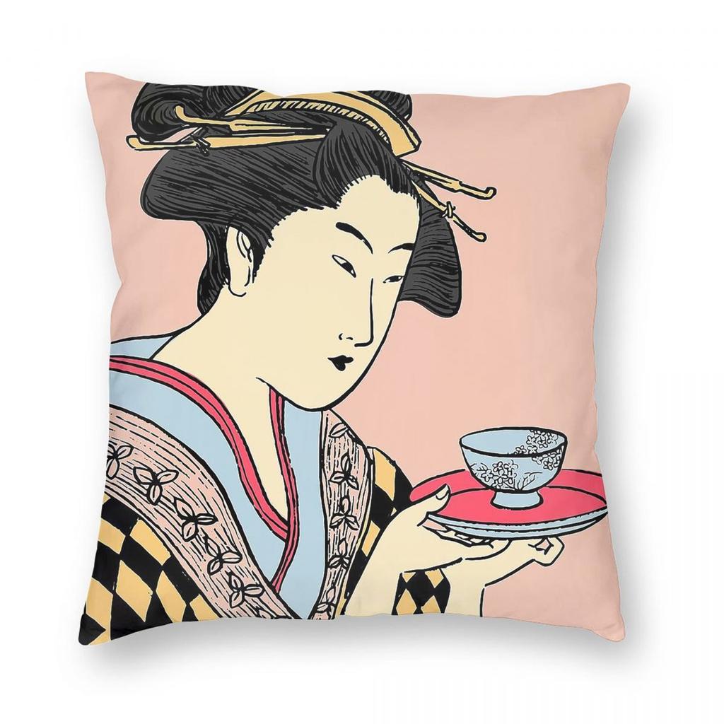 Geisha Tea Time Square Pillowcase Polyester Linen Velvet Creative Zip Decorative Pillow Case Car Cushion Cover
