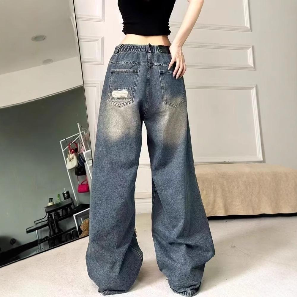 Women's Distressed Ripped High-Waist Wide-Leg Jeans for Autumn