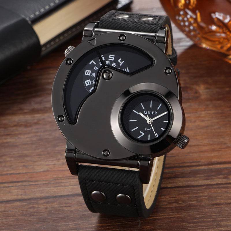 

Fashion Blue Watches Men Sports Watches 2 Time Zone Blue Canvas Leather Strap Quartz Wristwatches Men Relogio Masculino