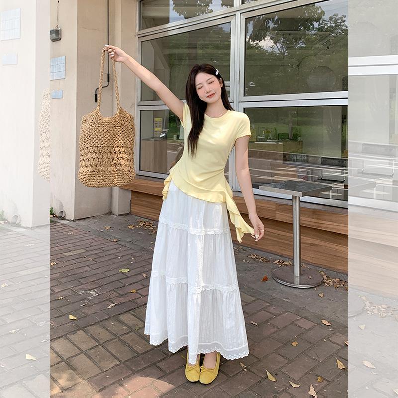 

Белая универсальная юбка-торт с кружевной вставкой, женская летняя длинная юбка L