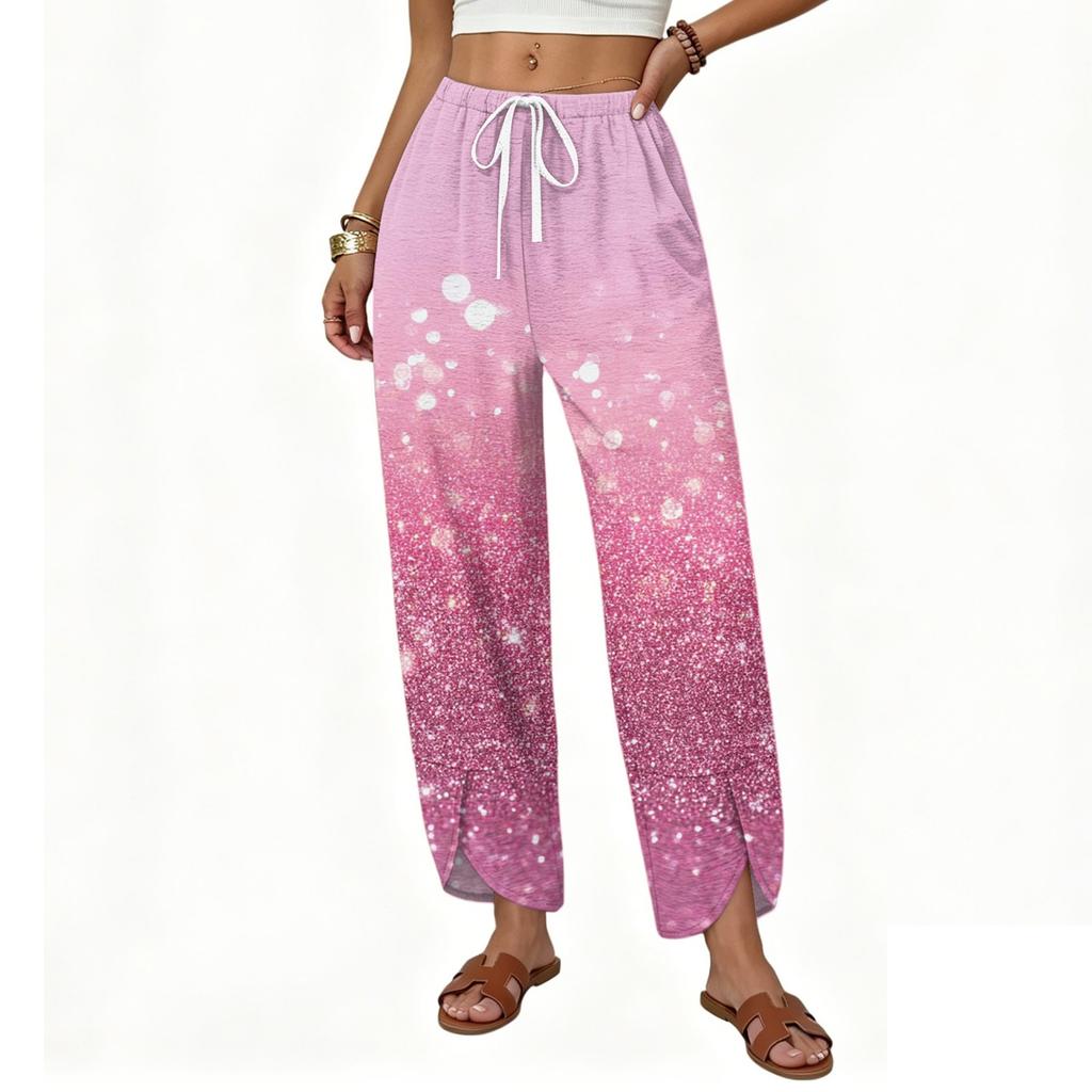 Women's Casual Loose Fit Wide Leg Drawstring Pants Floral Print Straight Cut Lightweight Trousers for Everyday Wear