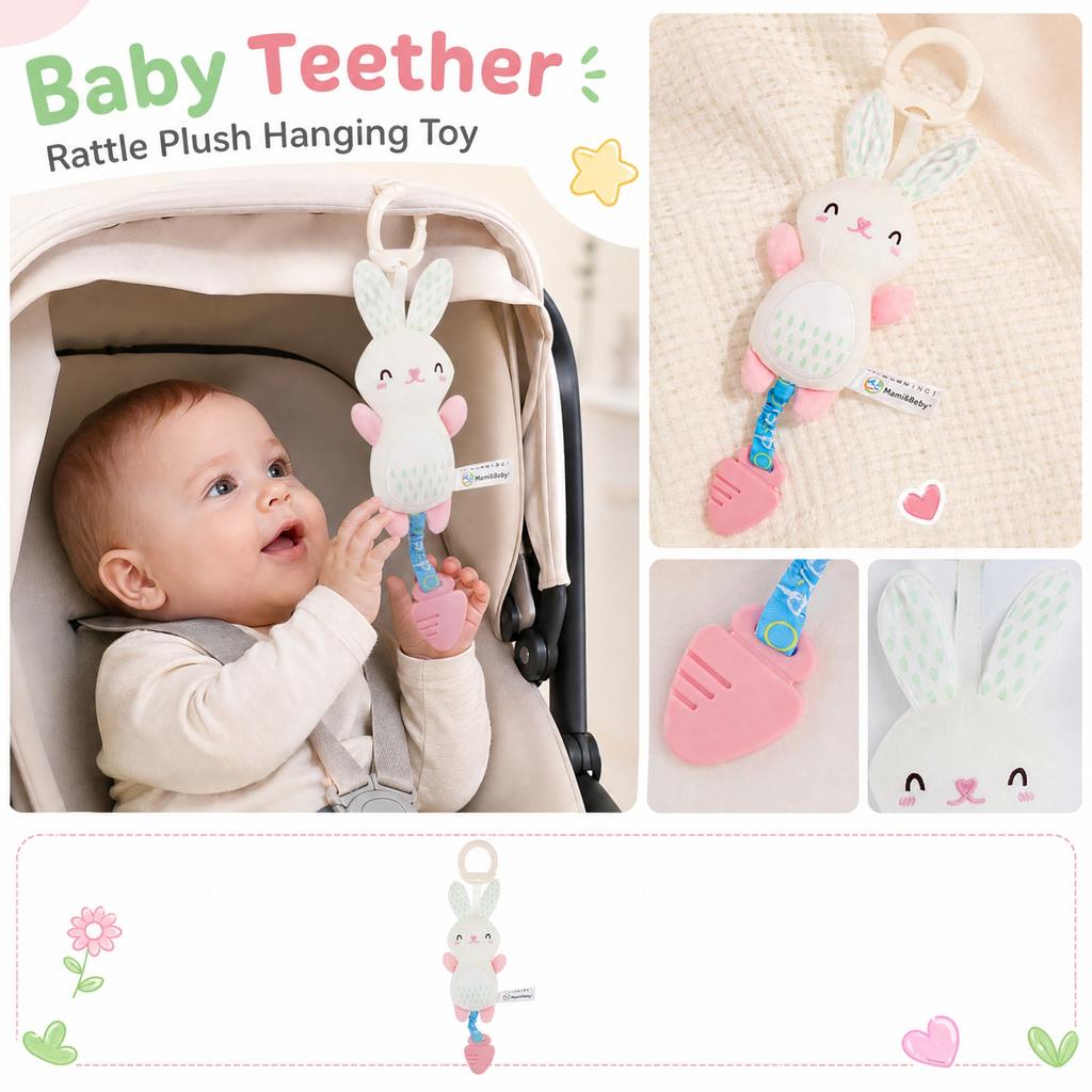 Baby Plush Hanging Toy with Rattle and Teether for Car Stroller