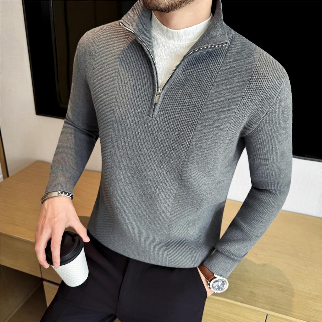 Men's Striped Knitwear Long Sleeve Half-Zip Sweater - White Warm Autumn/Winter Collection