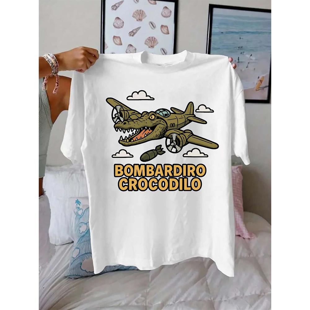 Summer Men's Fun Crocodile And Retro Bomber Pattern Printed Short-Sleeved Round-Neck Cotton Breathable And Loose Casual T-Shirt